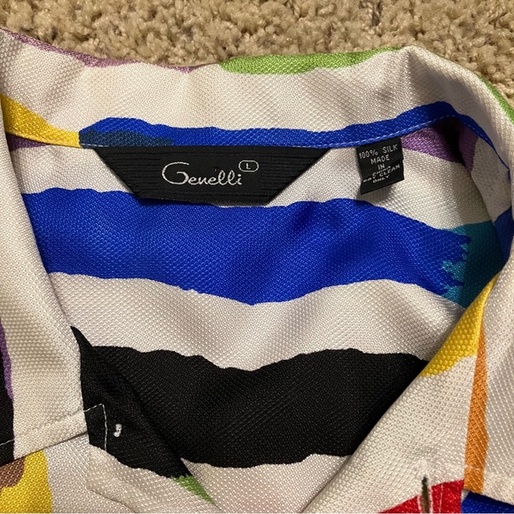 VTG Genelli Silk Shirt MULTICOLOR Paint Design PASTELS - Sz L Excellent! - Picture 11 of 15